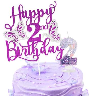 Imagem de Conjunto de velas de aniversário de borboleta para meninas, lantejoulas roxas, 2 velas e glíter, topo de bolo de feliz aniversário de 2 anos para meninas, mulheres, comemorações, artigos de festa