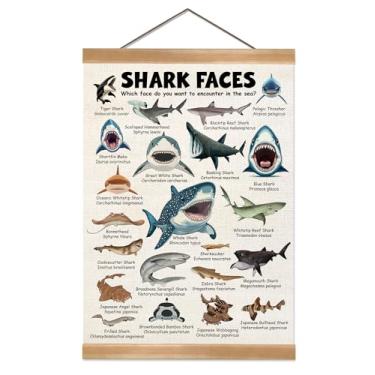 Imagem de ZTGDA Pôster educativo de animais marinhos do alfabeto (30 x 40 cm) – arte de parede Montessori Ocean Creature, tela de linho para pendurar com moldura de madeira maciça, decoração de quarto infantil