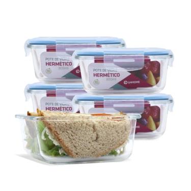 Imagem de Conjunto 5 Potes Vidro Hermético Marmita Mantimentos Tampa Plástico 800ml (Azul)