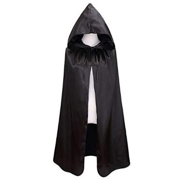Imagem de GREUS Fantasia infantil de Halloween de cetim com capuz para festa com capuz de bruxa vampiro cosplay roupão para crianças de 8 a 16 anos (preto)