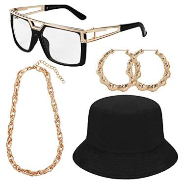 Imagem de 80s / 90s Hip Hop Costume Kit, Rapper DJ Outfits Punk Gold Chain Bucket Hat Vintage Glasses Bamboo Hoop Earrings Hip Hop Jewelry Set for Women/Men (Style A)