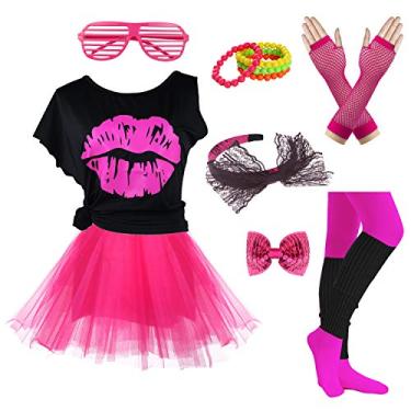 Imagem de FUNDAISY Acessórios de fantasia Gilrs anos 80, vestido para fantasia para artigos de festa temática dos anos 80 (10 a 12 anos, estilo 2 rosa choque)