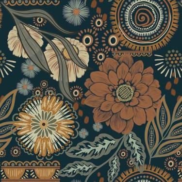 Imagem de Yasinet Papel de parede de papel de parede boho papel de parede floral escuro vintage azul removível papel de parede autoadesivo para quarto/prateleiras/armário impermeável para banheiro vinil 43,9 cm