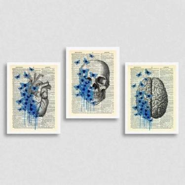 Imagem de Kit 3 Quadros Psicologia Cérebro Coração 33X24Cm Vidro Preta - Quadros