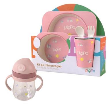 Imagem de Kit Alimentação Fibra de Bambu + Copo Transição  Pippo, Rosa