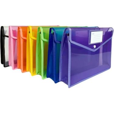 Imagem de Pacote com 7 pastas de arquivo expansíveis de plástico, pastas para documentos com fecho de pressão, cores sortidas, envelopes transparentes, suporte de documentos, organizador de papel, impermeável