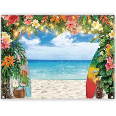 Imagem de YCUCUEI 2,4 x 1,8 m tecido verão praia havaiana fotografia pano de fundo tropical folhas de palmeira fundo de prancha de surf Aloha Luau decorações foto banner