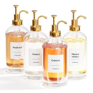 Imagem de Conjunto de dispensador de xarope de café de 500 ml - 4 garrafas de vidro com rótulos dourados e xarope - Dispensação precisa e adição elegante para café, café ou bar doméstico