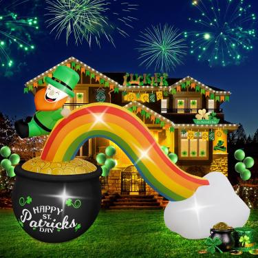 Imagem de Kalolary Infláveis De 7 Pés Para Decoração Exterior Do Dia São Patrício, Trevo Duende, Moedas Ouro, Escorregador Arco-Íris Com Luzes Led, Quintal Inflável Festa Fim Ano, Gramado E Jardim