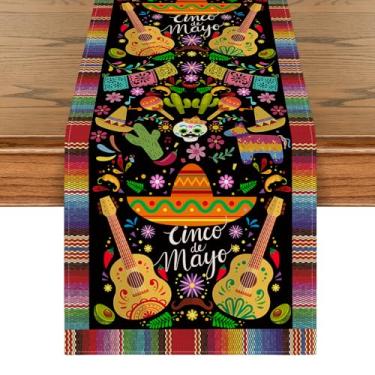 Imagem de Artoid Mode Caminho De Mesa Com Chapéus Sombrero Mexicanos E Guitarra Cinco Mayo, Sazonal, Para Festas, Cozinha Jantar, Decoração Casa, 33 X 182 Cm