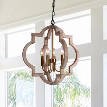 Imagem de Sedelan Lustre De Fazenda Com 4 Luzes, Em Formato Orbe Para Sala Jantar, Luminária Pendente Madeira Estilo Francês Velas, Ilha Cozinha, Entrada Quarto, Dourado, Altura Ajustável