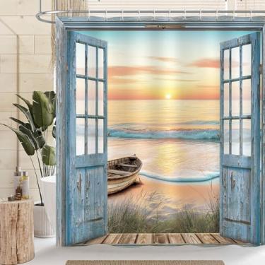 Imagem de Dazzlewall Cortina de chuveiro Ocean Beach, porta de madeira vintage, pôr do sol, cenário costeiro, cortina de banheiro impermeável 180 x 180 cm, tecido resistente a mofo e mofo com 12 ganchos