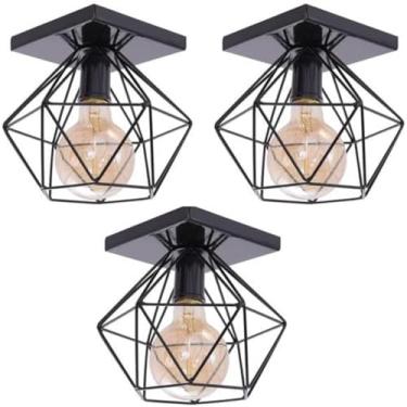 Imagem de Kit 03 Lustre Luminária Plafon Quadrado Diamante Aramado (Preto) Luxo Moderno Pendente Retrô