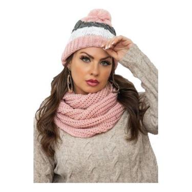 Imagem de Conjunto Touca Pompom Listrada Com Cachecol Gola Lã Macio Quentinho - 