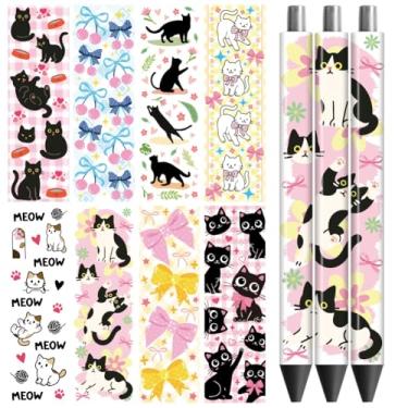 Imagem de Peacoblue Adesivo de transferência UV DTF para caneta gato fofo e laço - 48 peças à prova d'água impressão HD UV DTF caneta decalques adesivos para caneta lápis personalizada faça você mesmo