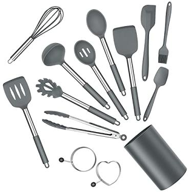 Imagem de Conjunto de utensílios de cozinha de silicone, E-far Conjunto de utensílios de cozinha cinza de 14 peças com suporte, espátulas de utensílios de cozinha com alça de aço inoxidável para panelas