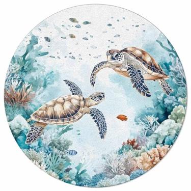 Imagem de Tapete redondo de tartarugas marinhas oceânicas para sala de estar 0,9 m, verão, oceano, coral, peixes, vida marinha, círculo, tapetes laváveis, tapete macio e felpudo para quarto, berçário, decoração