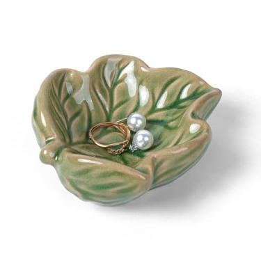 Imagem de Zaposcca Bandeja de joias, prato de joias de folhas de cerâmica, suporte de anel, bandeja pequena de bugiganga, tigela de chave lavável (verde)