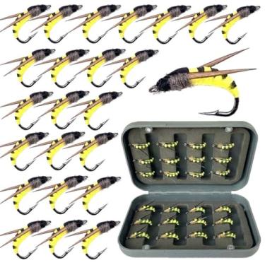 Imagem de Qievcrme 24 peças de pesca com mosca, moscas, iscas de truta, equipamento de pesca, moscas com robalo de truta em caixa, isca artificial de peixe (24 peças de mariposa amarela)