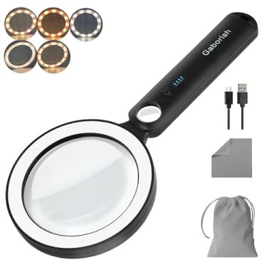 Imagem de GABORISH Lupa Com Luz, Portátil De 10X E 30X, 36 Leds, 5 Modos Cor, Regulável, Recarregável, Iluminada Para Idosos, Leitura Inspeção (Branca Preta)