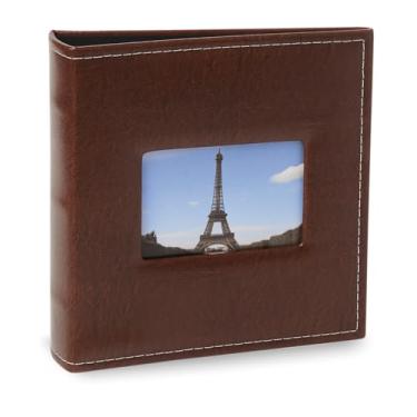 Imagem de Álbum de fotos Ical, encadernação fichário, para 200 fotos 10x15cm - envelope plástico preto - linha Prestige - capa com janela - modelo marrom-escuro com costuras e janela - 509