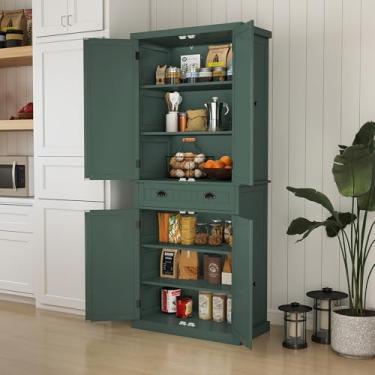 Imagem de MROJISC Armário de despensa de cozinha, armário de armazenamento alto com gaveta e prateleiras ajustáveis, armário independente verde para cozinha, sala de jantar e sala de estar