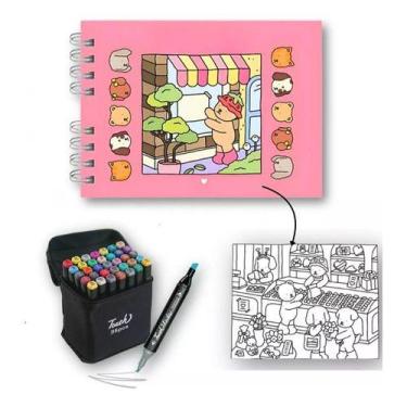 Imagem de Kit Colorir Pintar 50 Folhas 180g Canetas Coloridas 36 Cores Ponta Dup