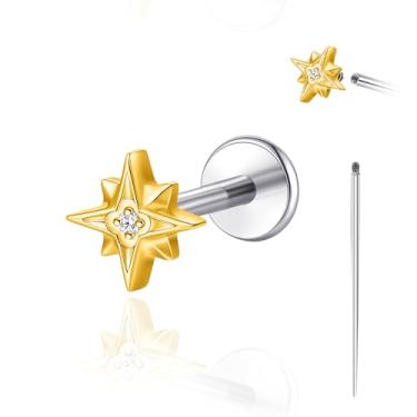 Imagem de limerencia Piercing corporal de titânio 18G, brinco de rosca interna com costas planas tragus helix cartilagem concha medusa brinco para mulheres e homens, 1 peça (dourado, estrela)