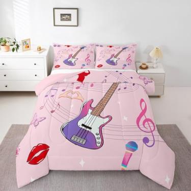 Imagem de Erosebridal Conjunto de cama Queen para guitarra elétrica baixo, nota musical, rosa, com microfone, bola de discoteca, para decoração de quarto com tema musical, 2 fronhas respiráveis