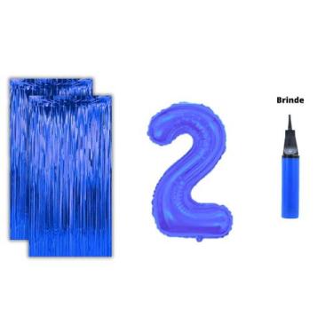 Imagem de Kit 2 Cortinas Metalizadas e Balão Número +Inflador Ar- Azul - Partiuf