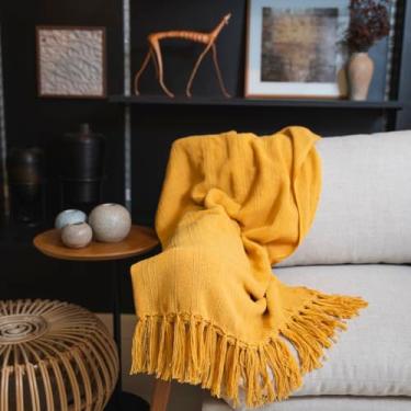 Imagem de Mantas Para Sofás Poltronas e Peseira Luxo Xale Com Franjas 1,20X1,80M 100% Algodão Tear Mineiro Artesanal (Amarela)