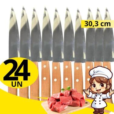 Imagem de Conjunto 24 Facas Inox 30,3cm com Cabo em Madeira Para Cortes de Carne