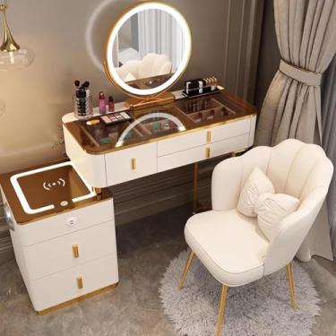 Imagem de Penteadeira Com Cadeira, Mesa De Vaidade Com Espelho E Luzes, Com Espelho De Escurecimento De Tela Sensível Ao Toque De 3 Cores, Conjunto De Mesa De Vaidade, Com 3 G, Brown Gray, 80x40x78cm