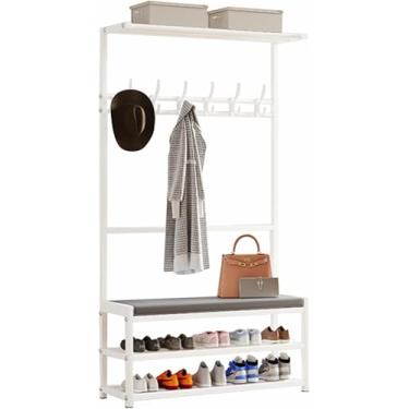 Imagem de Cabide De Aço Carbono Com Banco De Sapatos, Cabide De Entrada Moderno Com Ganchos E Sapateira De 2 Andares, Cabideiro De Pé Livre Para Salas De Estar No Corredor, Black, 40x25.5x160cm