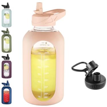 Imagem de EALGRO Garrafa de água de vidro de 1,8 l com canudo e alça, frasco de água motivacional esportivo de 1,8 litro com manga de silicone, copo de água grande com marcador de tempo para viagens, academia