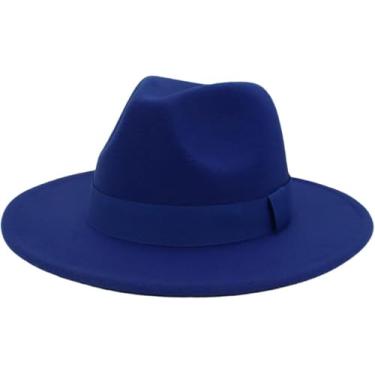 Imagem de Farigoto Cashmere Feltro Chapéus Para Homens E Mulheres Jazz Chapéus Chapéus De Fita Quadrada Elegante De Abas Largas, Royal Blue, L