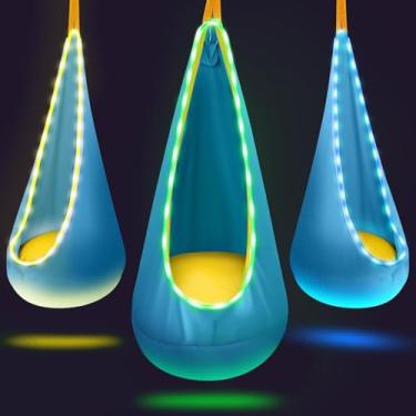 Imagem de Cadeira giratória iluminada para ambientes internos e externos, com luzes LED, macia e segura, capacidade de carga de 79,8 kg, fácil instalação, perfeita para quarto, jardim e sala de jogos (azul