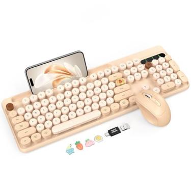 Imagem de Combo de teclado e mouse sem fio, teclas redondas retrô, lindo teclado de máquina de escrever de tamanho completo com suporte de telefone, modo de suspensão, conexão sem fio de 2,4 GHz para Windows/PC