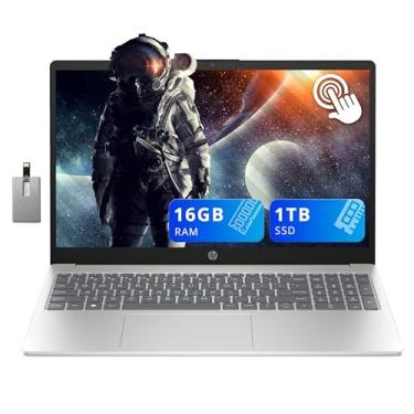 Imagem de HP Laptop com tela sensível ao toque HD de 15,6 polegadas, Intel i3-1215U, 16 GB RAM, SSD PCIe de 1 TGB, teclado numérico, webcam HD, carregamento rápido, gráficos Intel UHD, Win 11, prata, cartão USB