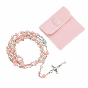 Imagem de Compra de contas de oração de vidro, contas de oração de rosas católicas, colares de pérolas soltas católicas e o presente de confirmação da primeira comunhão na cruz de Jesus Cristo, bem como bolsas