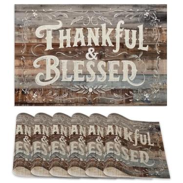 Imagem de Jogo americano Thankful Blessed, conjunto de 6, jogo americano vintage de madeira, lavável, cozinha, sala de jantar, tapetes de mesa resistentes ao calor para festas em casa, ambientes internos, 30 x