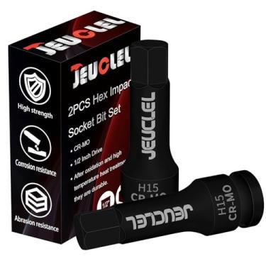 Imagem de JEUCLEL 2 peças de soquete hexagonal de 15 mm, soquete Allen de acionamento de impacto H15 de 1/2 polegada, adaptador de chave de fenda sextavada de aço Cr-Mo para chaves catracas elétricas parafusos