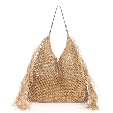 Imagem de GJHFCXSO Bolsa de ombro para Mulheres Tassel Woven Bag Malha Bolsas Bonito Verão praia Western Hobo Crochet Tote Bags,Khaki