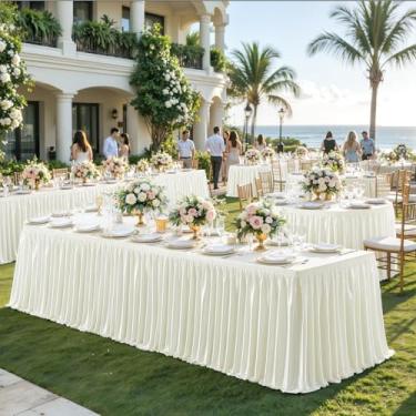 Imagem de Wish Care Saia de mesa de cetim marfim de 6,4 m de comprimento para mesas retangulares, sem rugas, purpurina, toalha de mesa plissada, toalha de mesa para casamento, aniversário, chá de bebê, festa