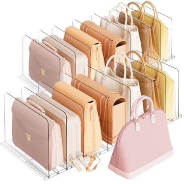 Imagem de Criusia Organizador de bolsa ajustável para armário – Divisória de prateleira extralonga de 73 cm com 12 painéis de base e 16 divisórias – Suporte de bolsa antiderrapante para bolsas, roupas, cozinha
