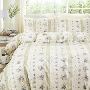 Imagem de Cozaline Capa de edredom tamanho Queen – Conjunto de cama listrado floral 100% algodão natural, design botânico vintage Cottagecore com fecho de zíper, conjunto de capa de edredom macio e respirável
