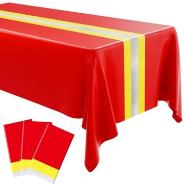 Imagem de Oudain 3 peças de toalha de mesa de combate a incêndio para construção de estrada 137 x 274 cm toalha de mesa de plástico descartável para bombeiros construção carro corrida aniversário decoração