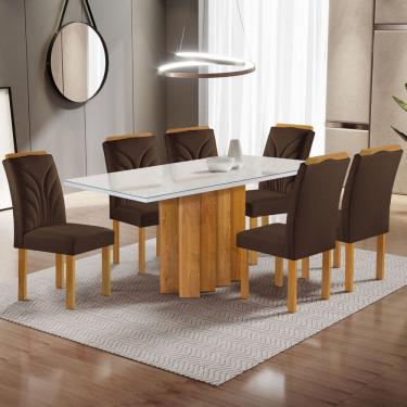 Imagem de Mesa de Jantar 6 Lugares Dakota com Vidro Off White Cinamomo/Off White/Veludo Marrom - Cel Móveis