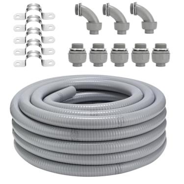 Imagem de Kit de conector de conduíte resistente a líquido, kit de conduíte elétrico flexível não metálico, tubo de conduíte elétrico externo à prova d'água, acessórios retos/angulares, grampos (2,5 cm x 7,6 m)