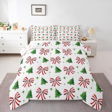 Imagem de Manfei Jogo de cama casal Feliz Natal, arco vermelho, árvore verde, 3 peças, tema de ano novo, decoração de quarto de crianças, meninas, enchimento de edredom leve, 2 fronhas